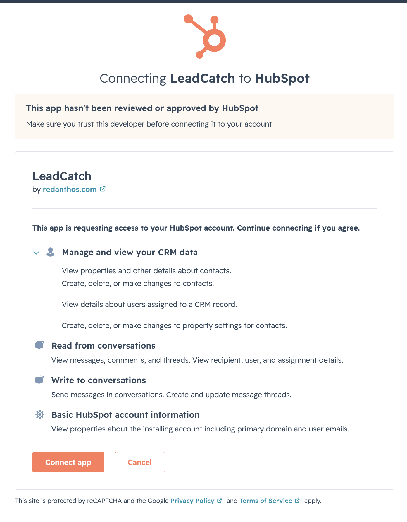 HubSpot scope approval screen listing LeadCatch's requested access to CRM data, conversations, and basic account information, with a Connect app button